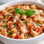 Baked Chicken Parmesan Casserole dish served with fresh basil on top