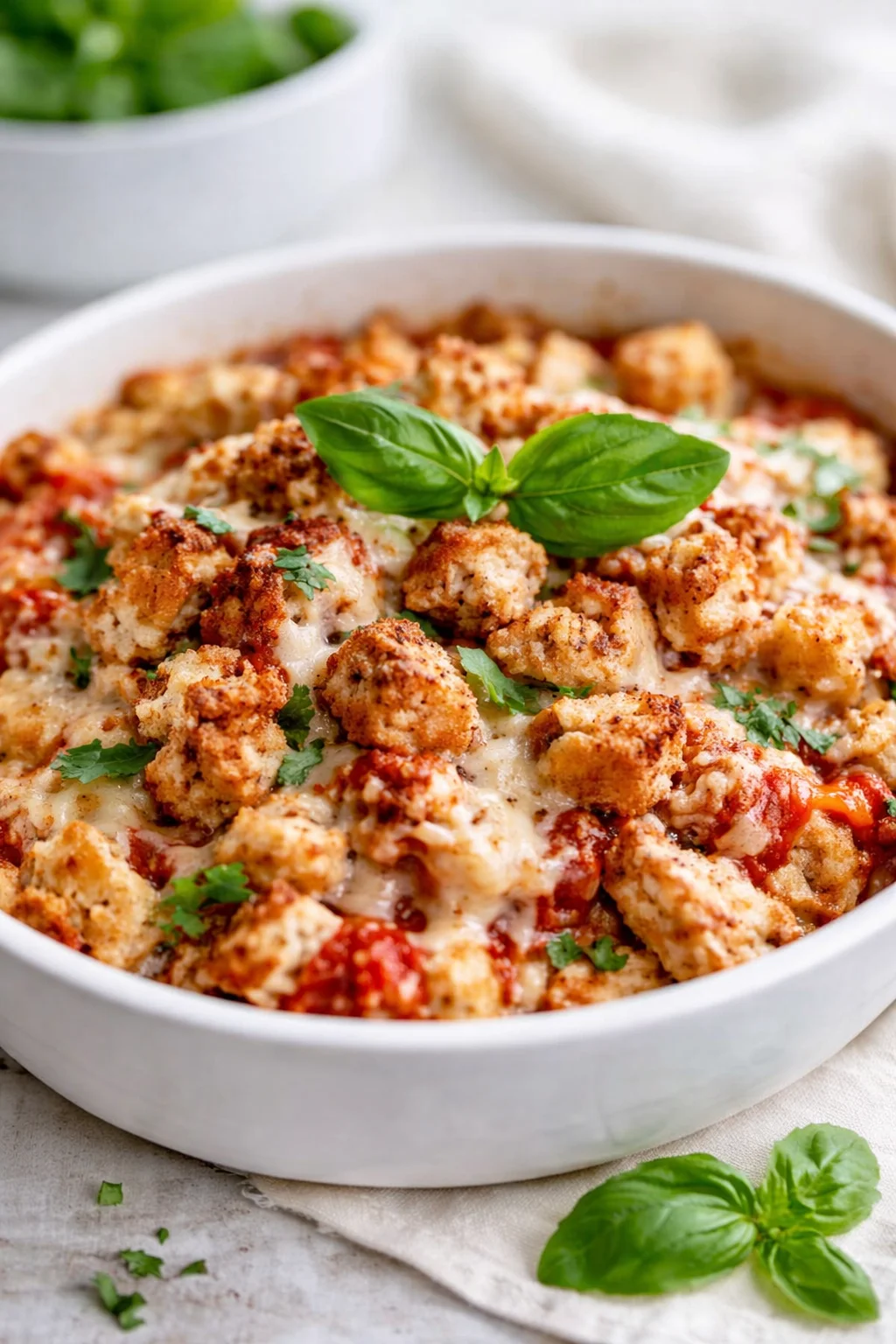 Baked Chicken Parmesan Casserole dish served with fresh basil on top