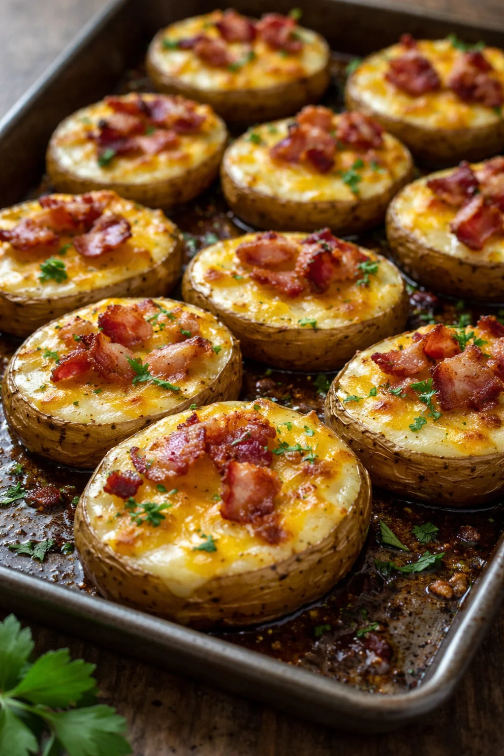 Delicious baked potato slices topped with melted cheese and herbs