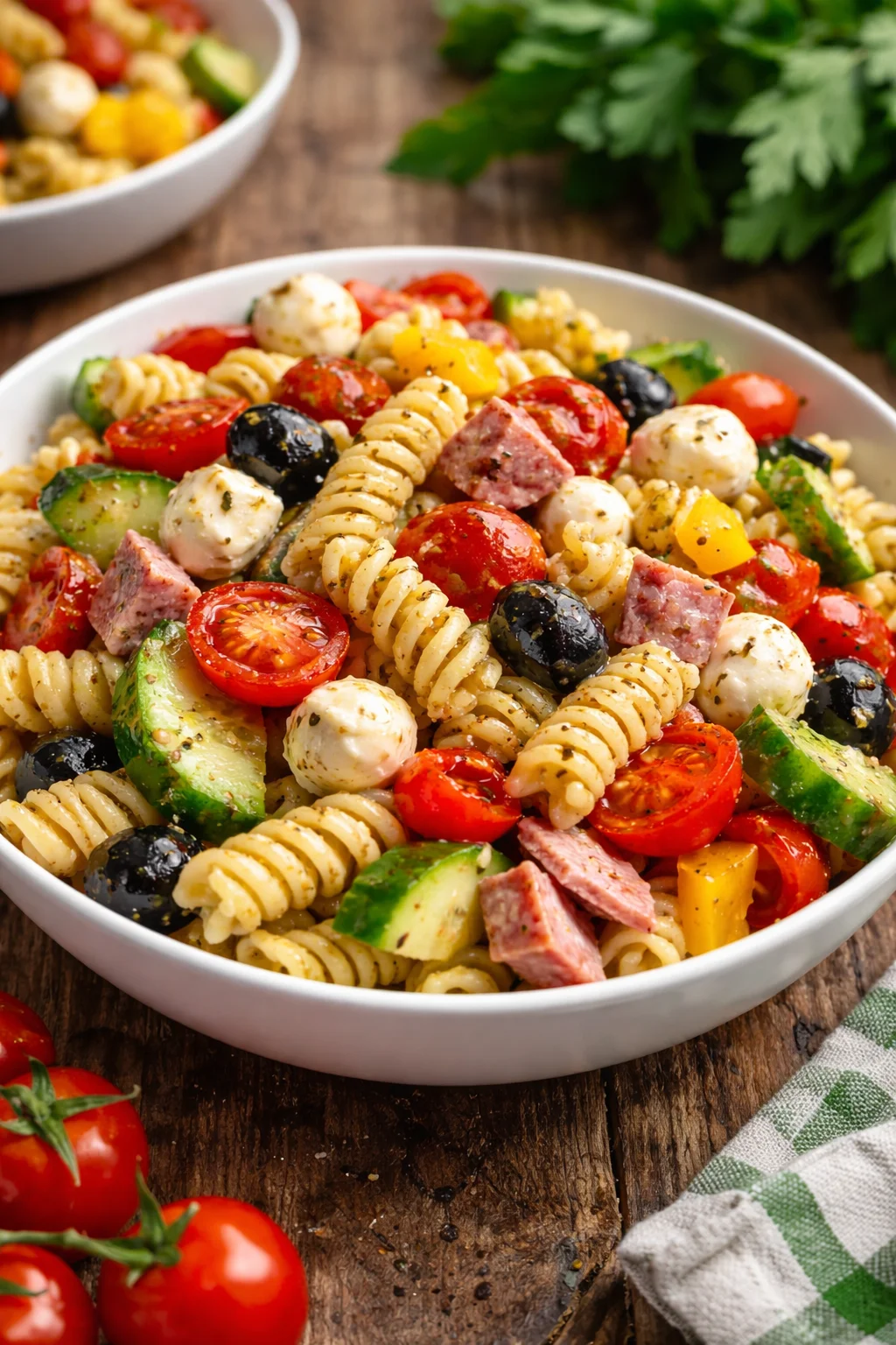 Delicious and colorful Italian pasta salad with fresh vegetables and herbs