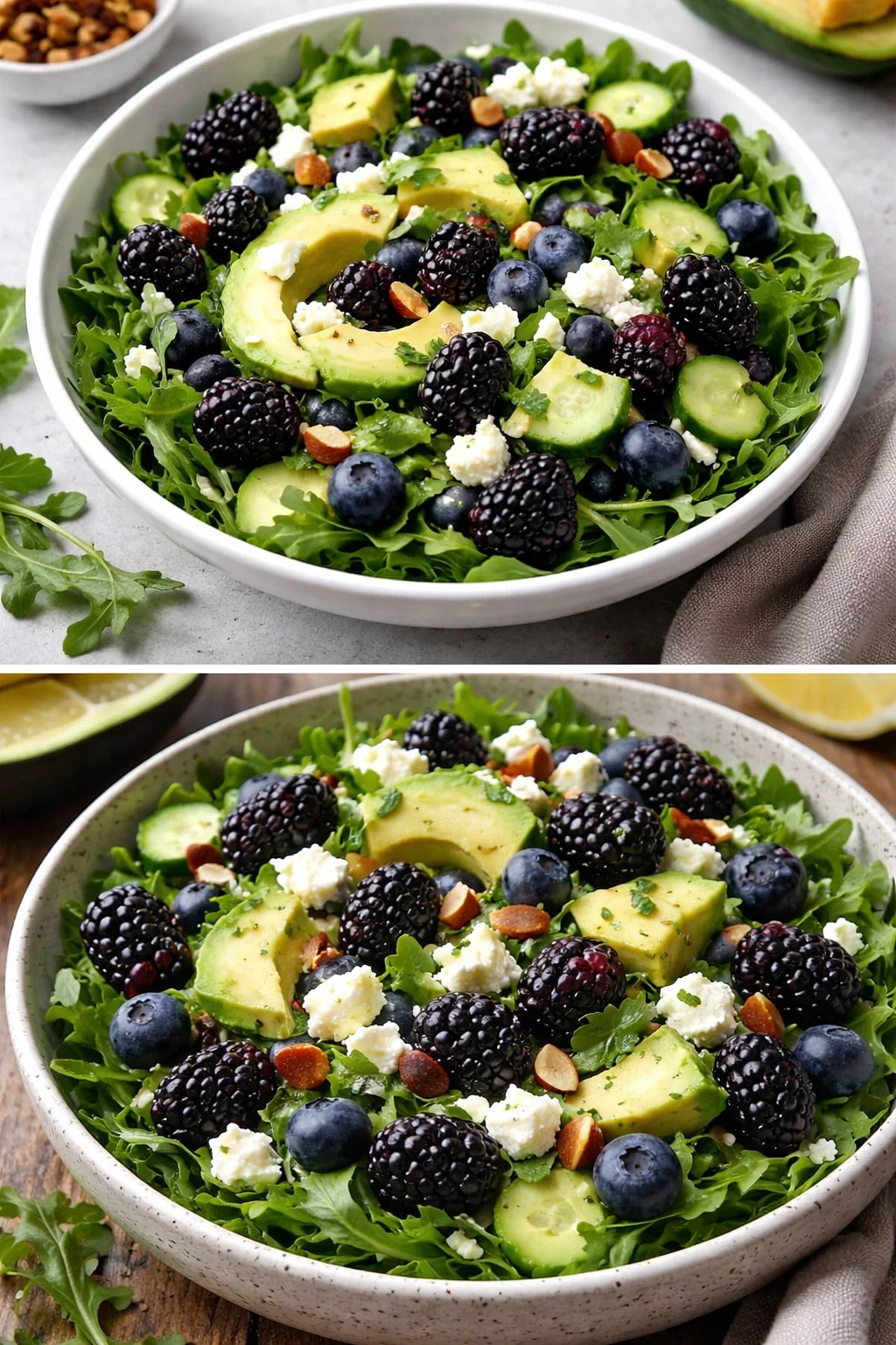Colorful Blackberry Avocado Salad with fresh greens and dressing