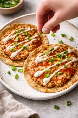 Buffalo smashed chicken tacos served with fresh toppings and sauces