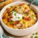 Delicious Chicken Hashbrown Casserole topped with cheese and crispy hashbrowns