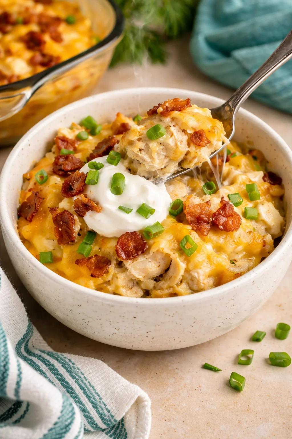 Delicious Chicken Hashbrown Casserole topped with cheese and crispy hashbrowns