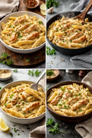 Creamy Crac Chicken Penne served in a bowl with fresh herbs.