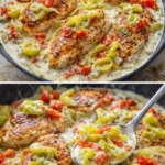 Creamy banana pepper chicken skillet dish on a plate with peppers and sauce