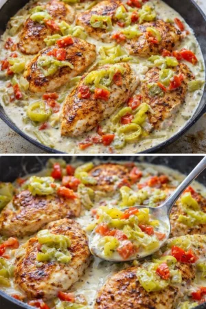 Creamy banana pepper chicken skillet dish on a plate with peppers and sauce