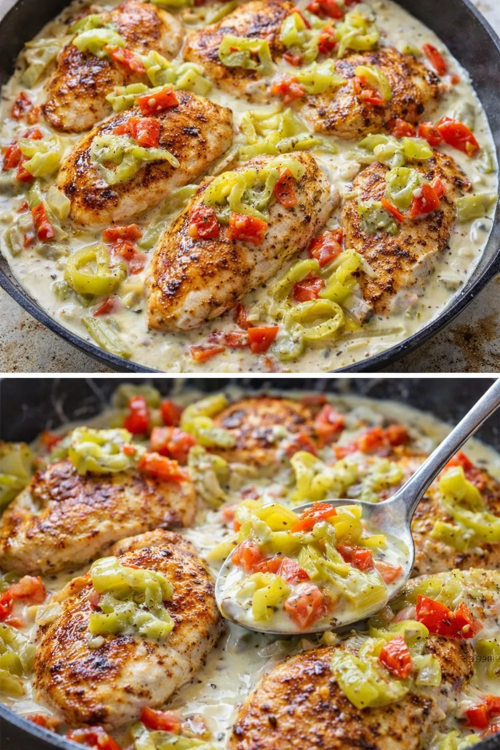Creamy banana pepper chicken skillet dish on a plate with peppers and sauce