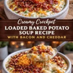 Creamy crockpot loaded baked potato soup topped with bacon and cheddar cheese