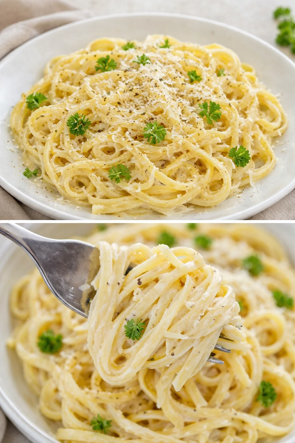 Creamy garlic parmesan linguine served in a bowl with garnished herbs