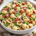 Creamy pasta salad with vegetables and dressing in a bowl