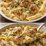 Creamy ricotta chicken pasta dish garnished with herbs and served in a bowl