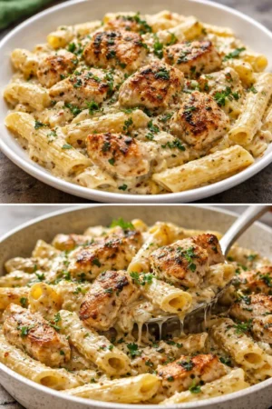 Creamy ricotta chicken pasta dish garnished with herbs and served in a bowl