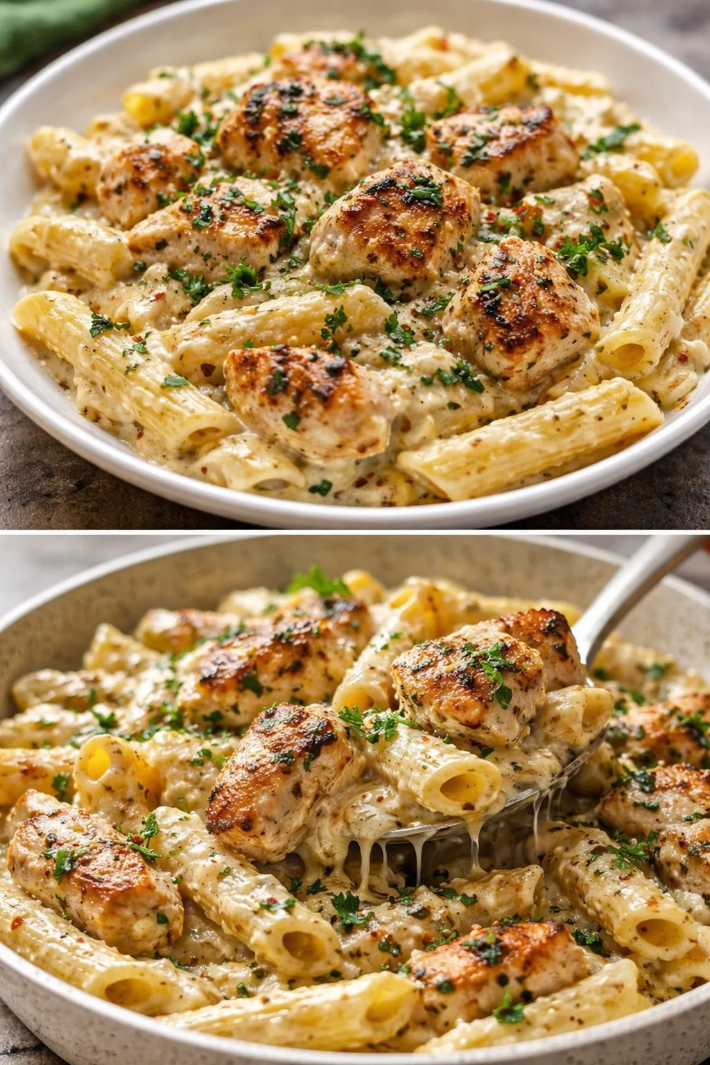 Creamy ricotta chicken pasta dish garnished with herbs and served in a bowl