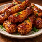 Crispy air fryer honey BBQ chicken wings served with dipping sauce