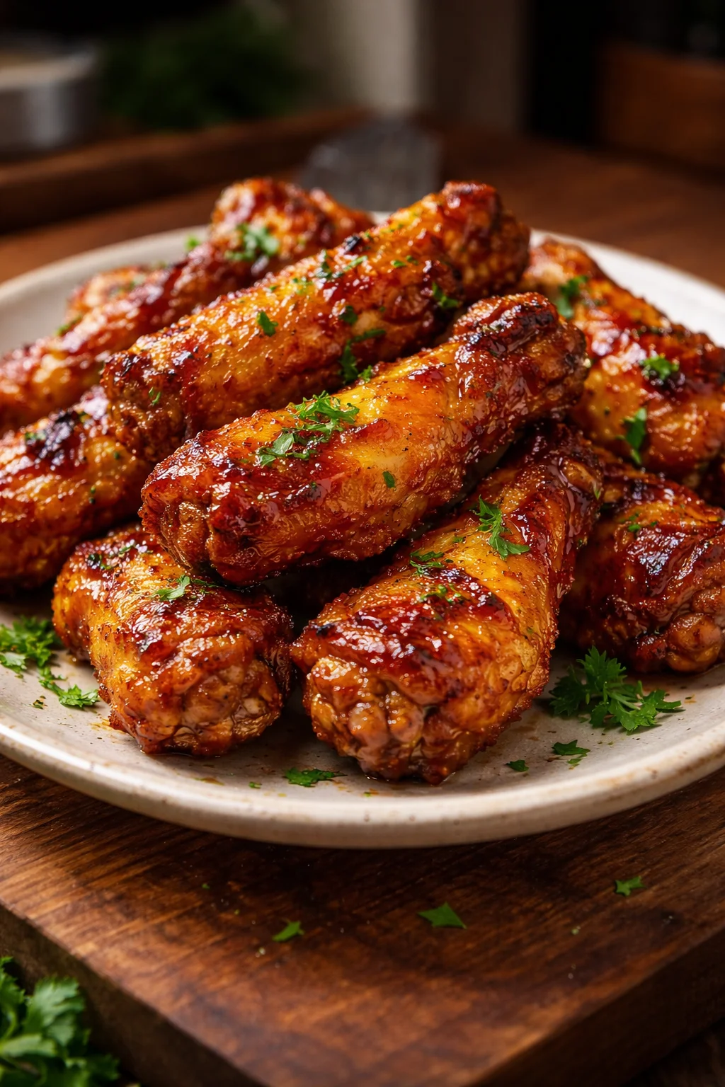 Crispy air fryer honey BBQ chicken wings served with dipping sauce