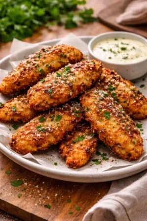 Crispy air fryer parmesan chicken tenders served with dipping sauce