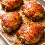 Crispy baked chicken thighs garnished with herbs on a plate.