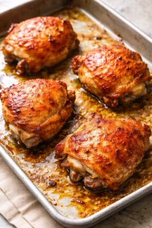 Crispy baked chicken thighs garnished with herbs on a plate.