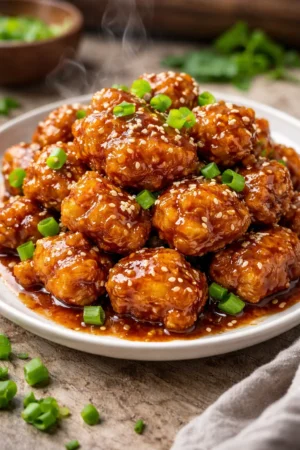 Delicious crispy Chinese honey chicken served with a sweet glaze.