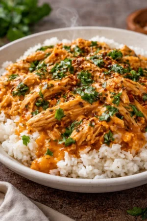 Delicious bowl of Crockpot Cajun Butter Chicken garnished with herbs