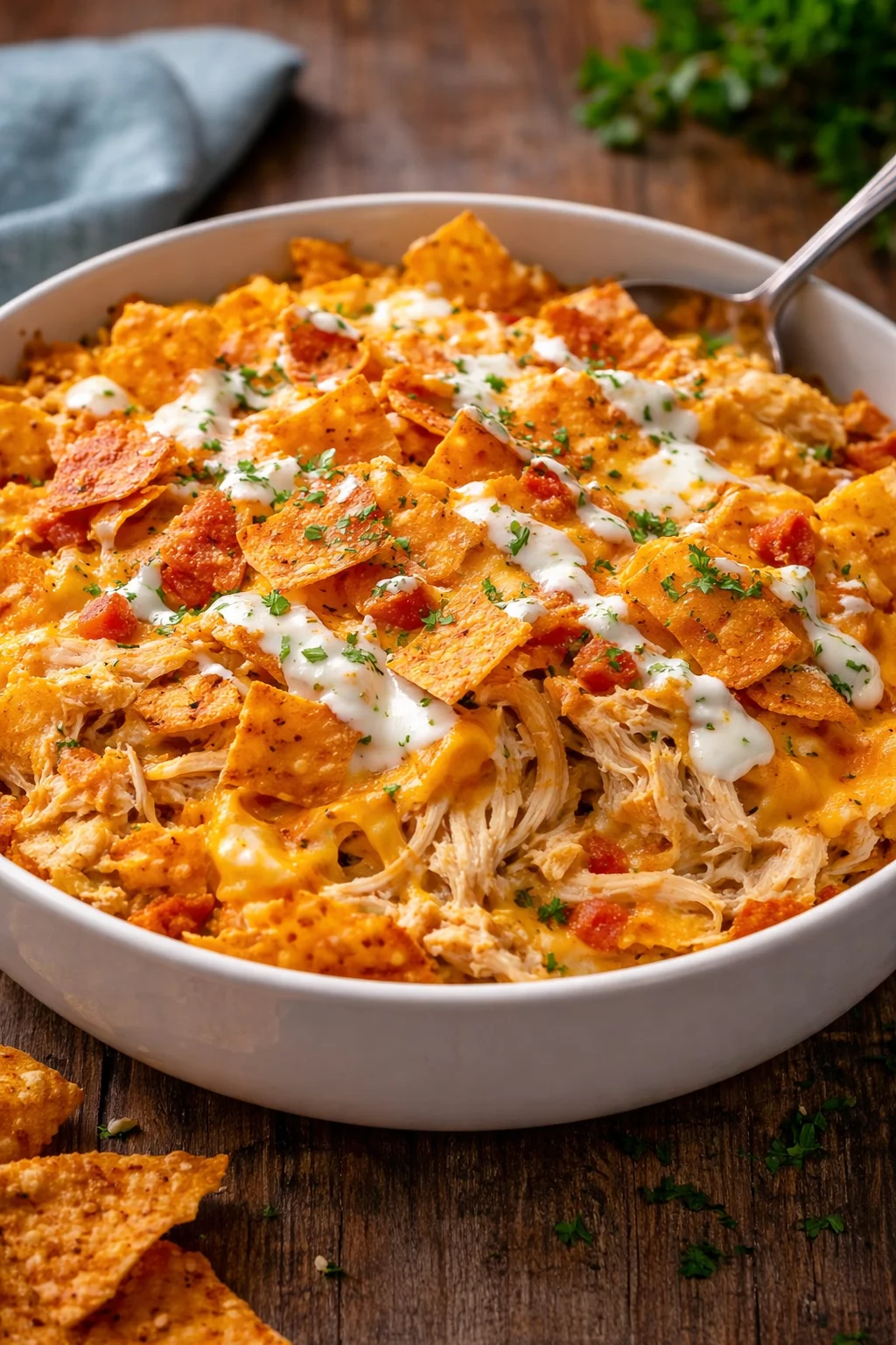 Delicious Doritos Cheesy Chicken Casserole topped with crunchy chips and cheese