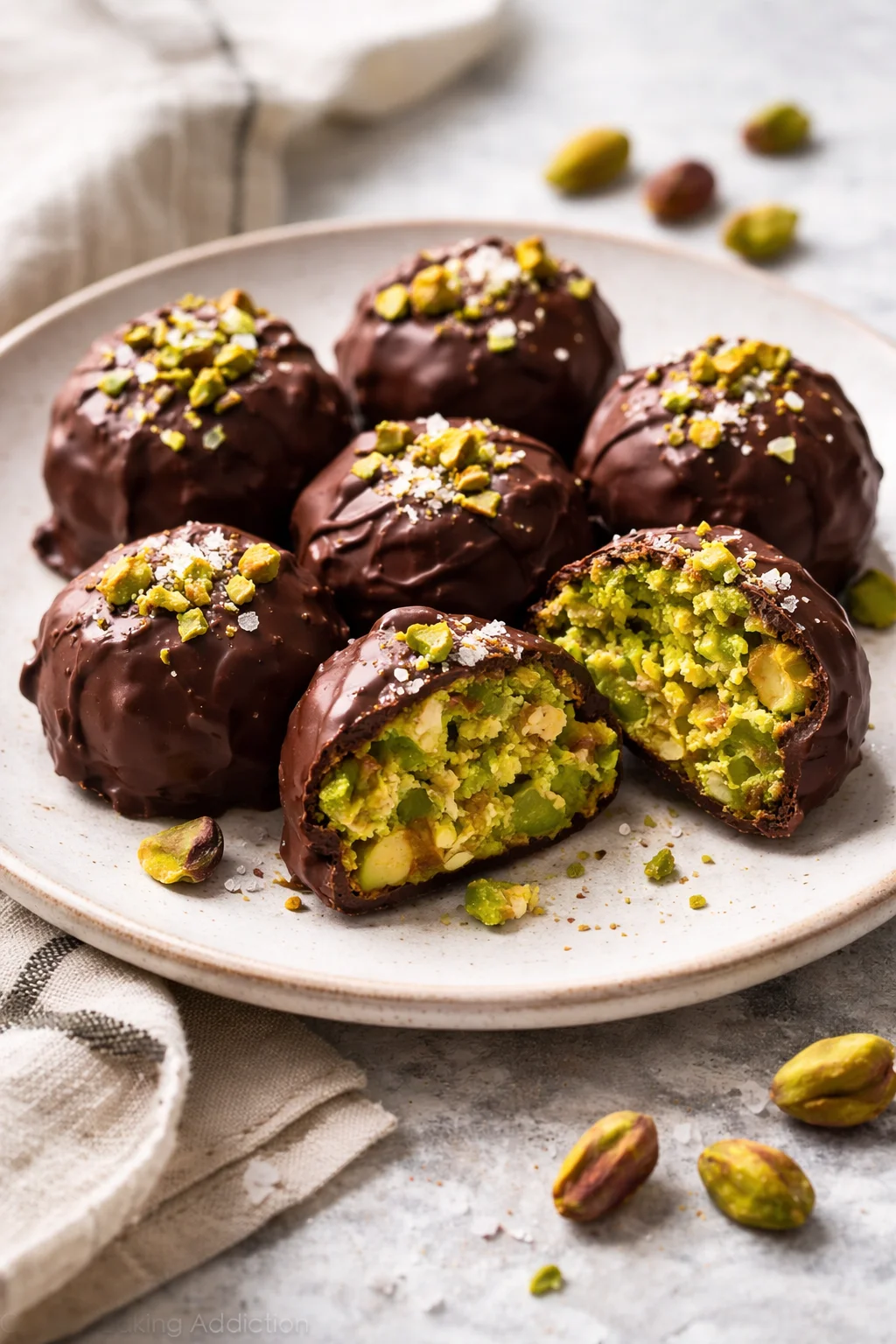 Dubai chocolate bonbons with sea salt elegantly arranged on a plate