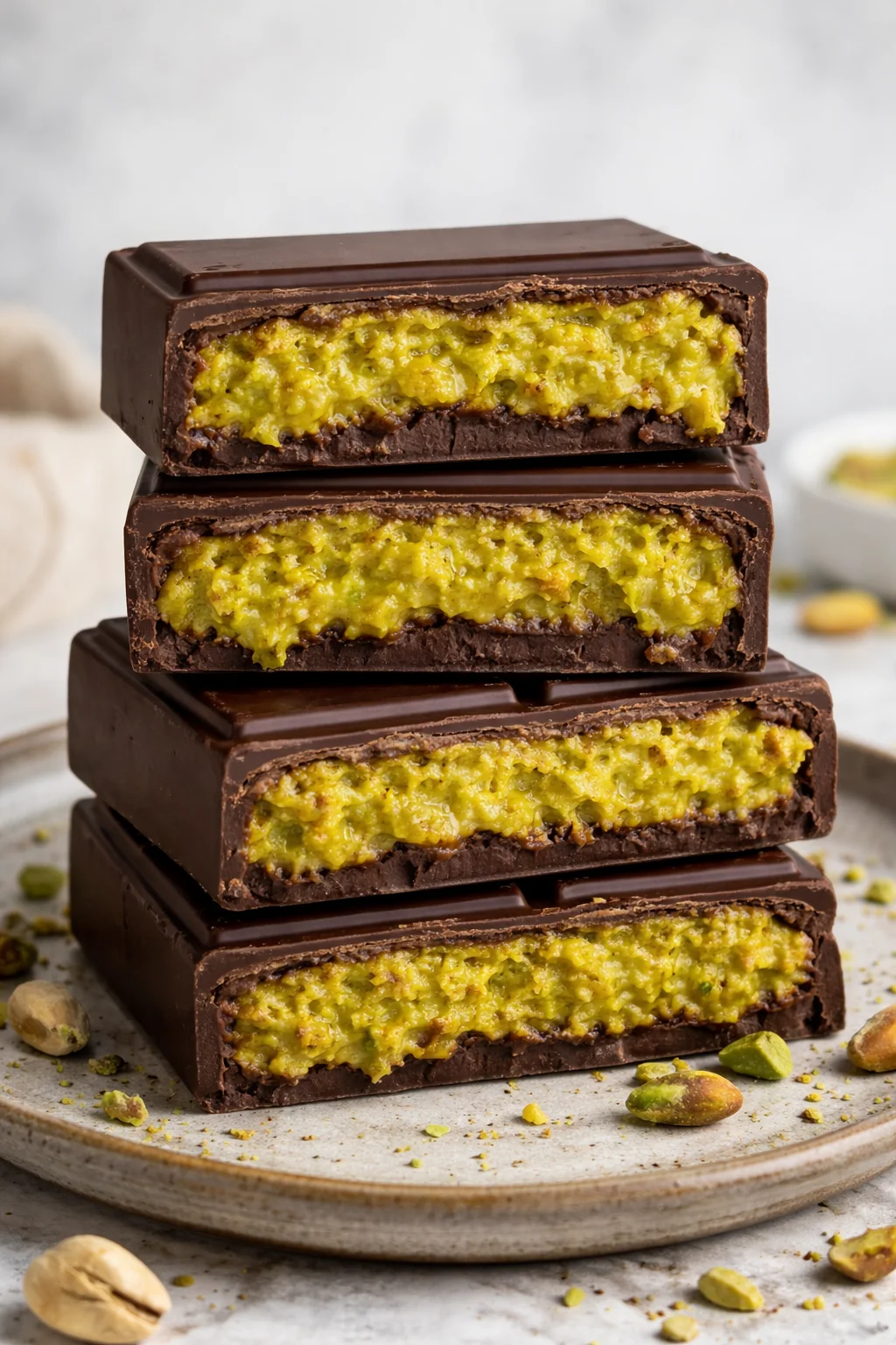 Dubai chocolate filled with pistachios, showcasing a rich and delicious treat.