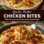 Garlic Butter Chicken bites served with creamy Parmesan pasta dish