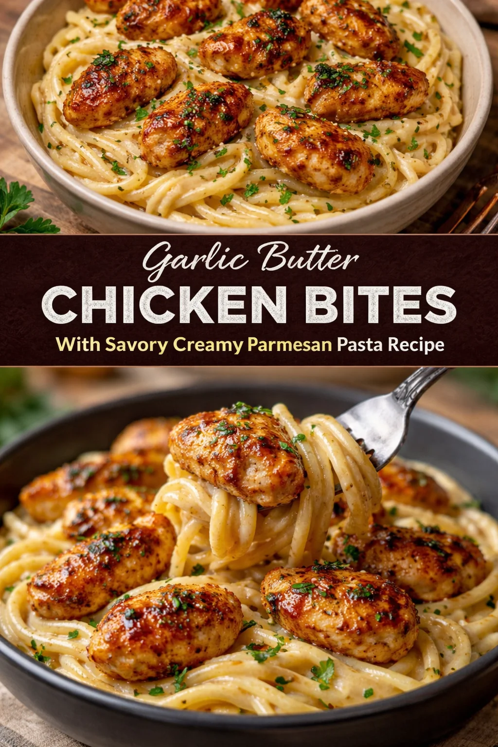 Garlic Butter Chicken bites served with creamy Parmesan pasta dish