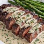 Delicious Garlic Butter Steak served with creamy Parmesan sauce