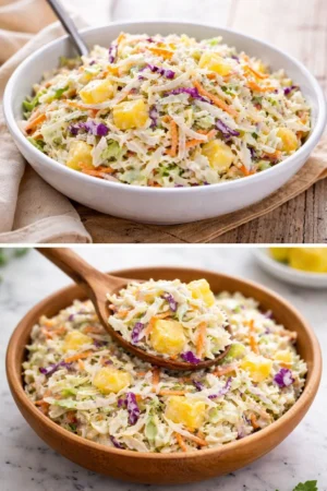Bowl of Hawaiian pineapple coleslaw with colorful vegetables and pineapple chunks.