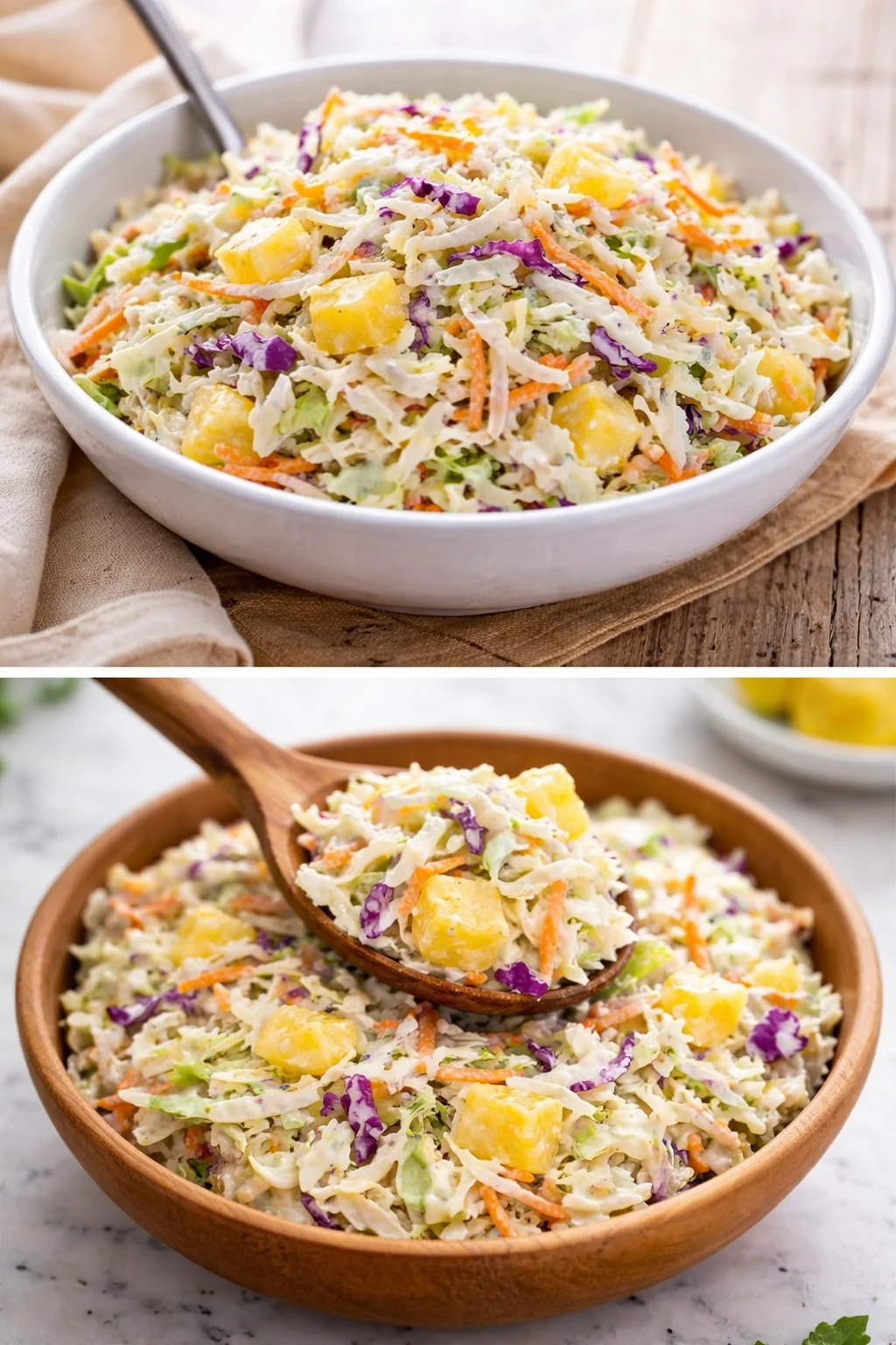 Bowl of Hawaiian pineapple coleslaw with colorful vegetables and pineapple chunks.