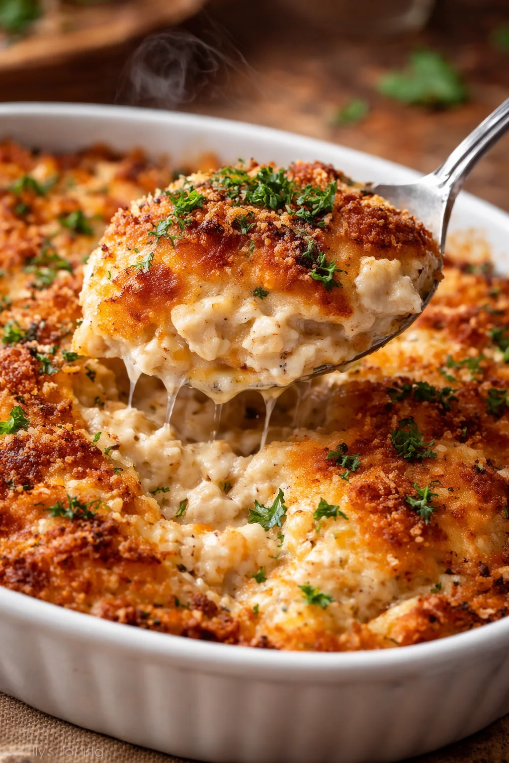 High protein chicken parmesan casserole served in a dish