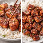 Honey Garlic Salmon Bites served on a platter with garnishes.