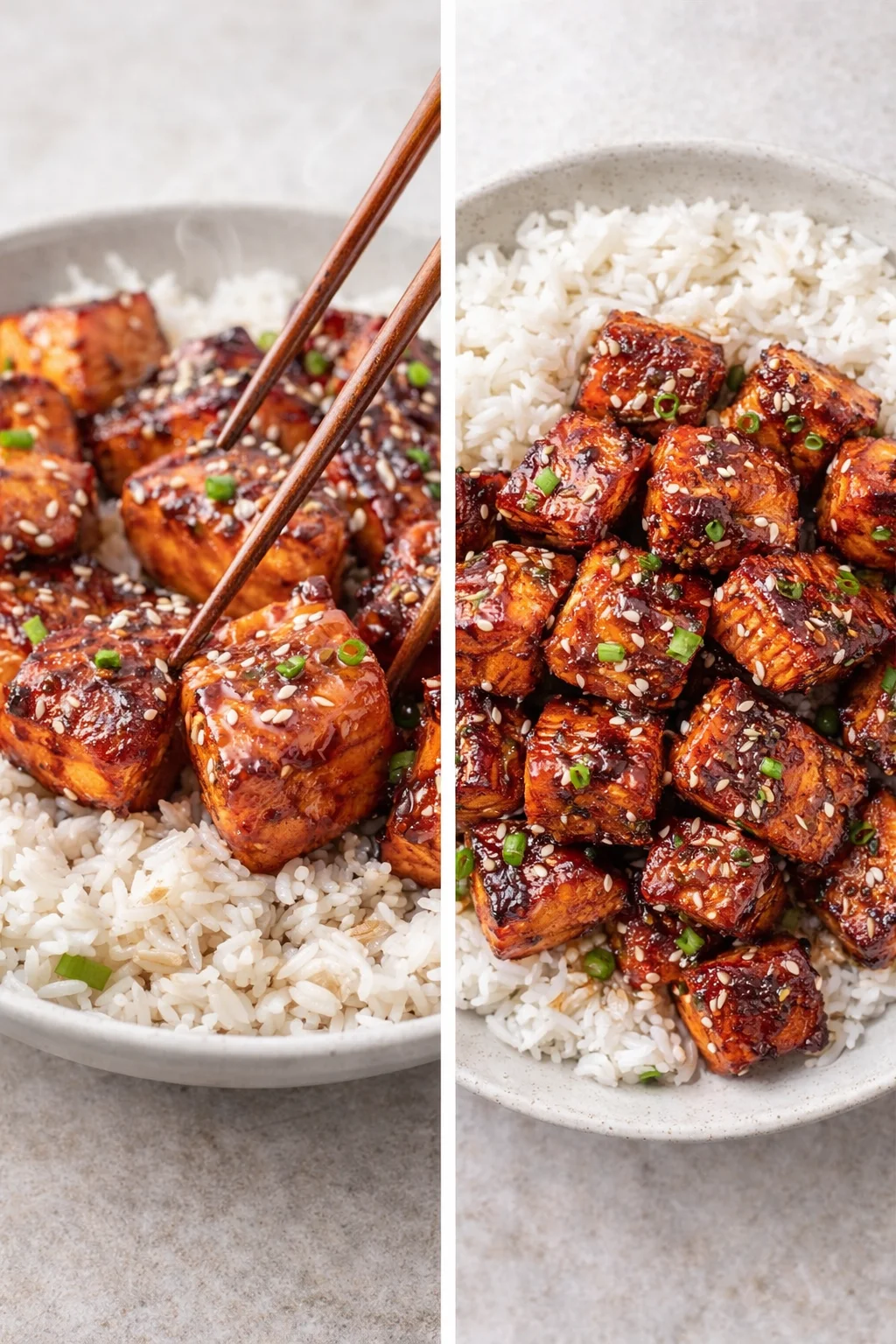 Honey Garlic Salmon Bites served on a platter with garnishes.