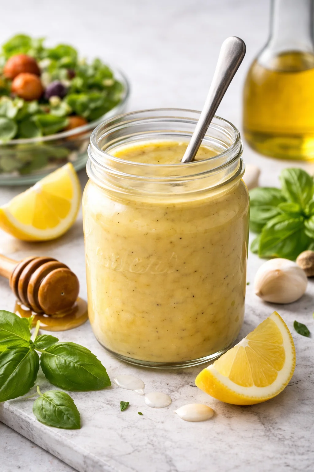 Homemade honey lemon vinaigrette dressing served over a fresh salad.