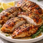 Delicious juicy air fryer grilled chicken breast plated for dinner