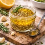 Homemade Lemon-Garlic Vinaigrette in a glass jar with fresh ingredients.