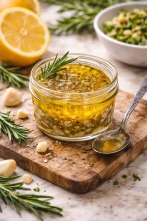 Homemade Lemon-Garlic Vinaigrette in a glass jar with fresh ingredients.