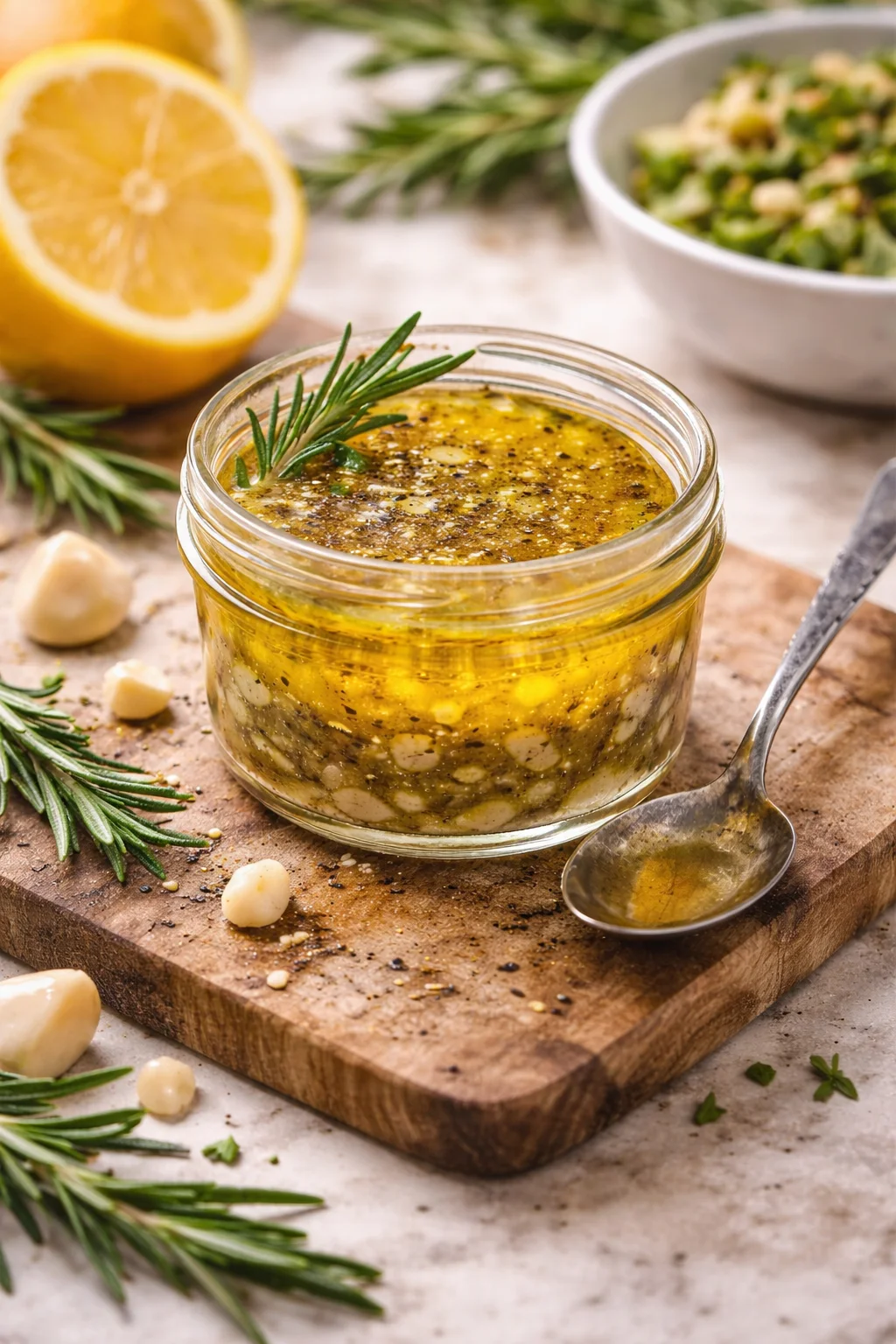 Homemade Lemon-Garlic Vinaigrette in a glass jar with fresh ingredients.