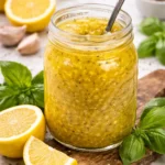 Bottle of homemade lemon vinaigrette dressing on a salad