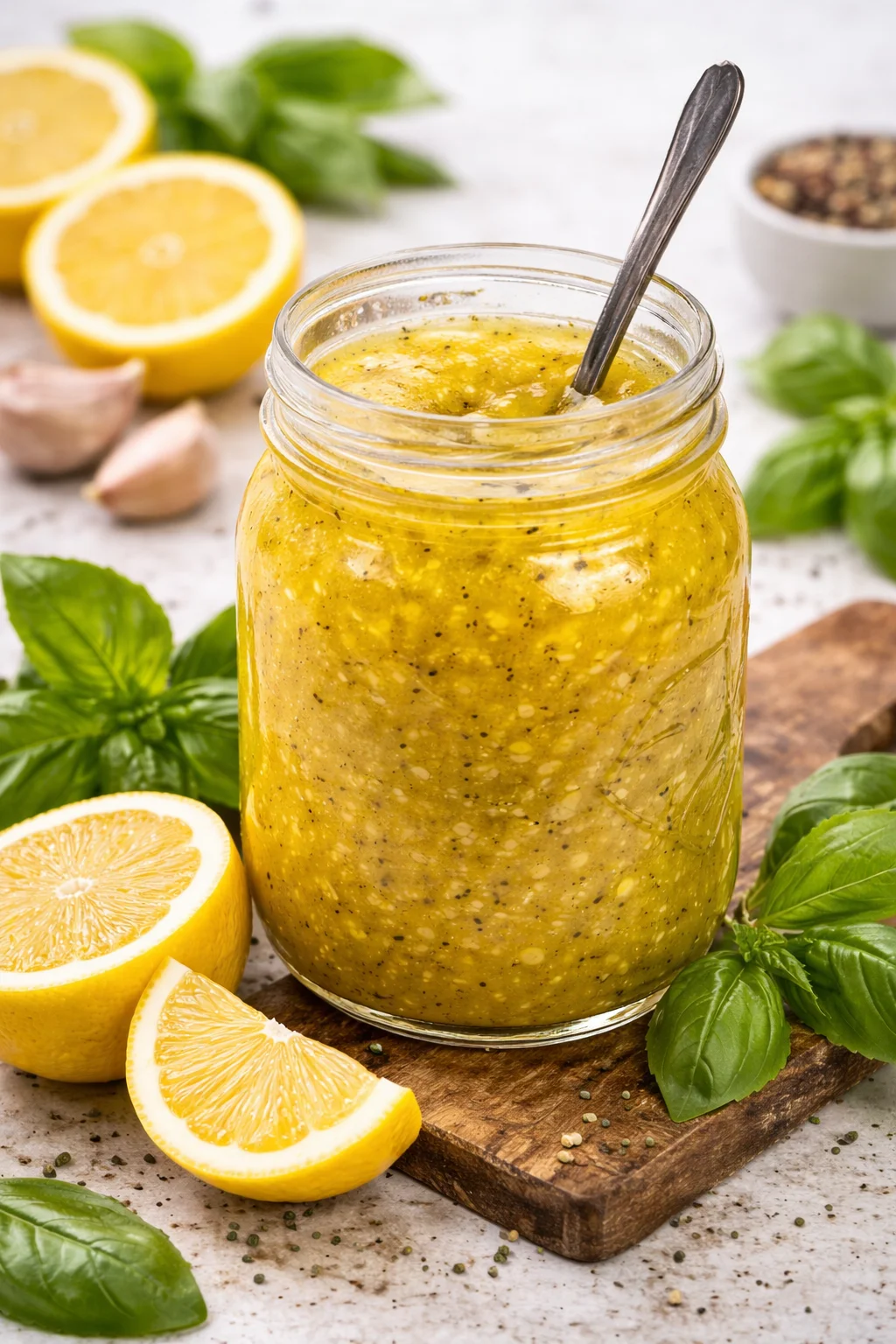 Bottle of homemade lemon vinaigrette dressing on a salad