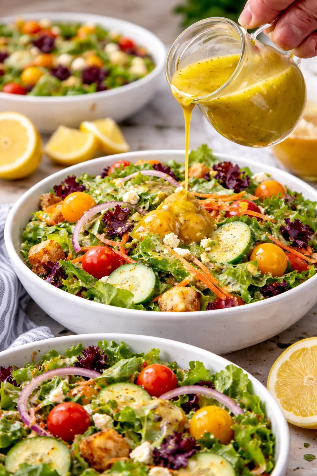 Homemade Lemon Vinaigrette Dressing served in a glass jar with salad ingredients