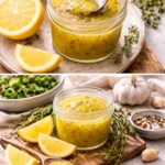Fresh lemon vinaigrette dressing in a glass jar with a lemon beside it