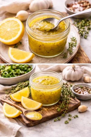 Fresh lemon vinaigrette dressing in a glass jar with a lemon beside it