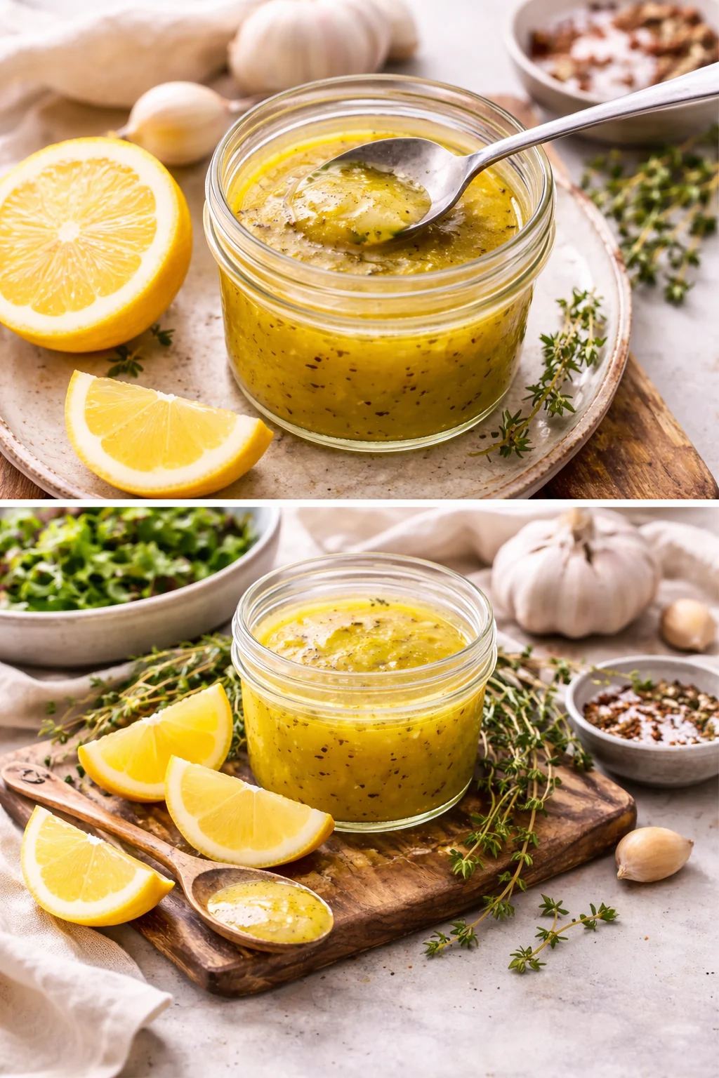 Fresh lemon vinaigrette dressing in a glass jar with a lemon beside it