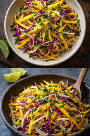 Colorful bowl of mango slaw with fresh ingredients on a wooden table