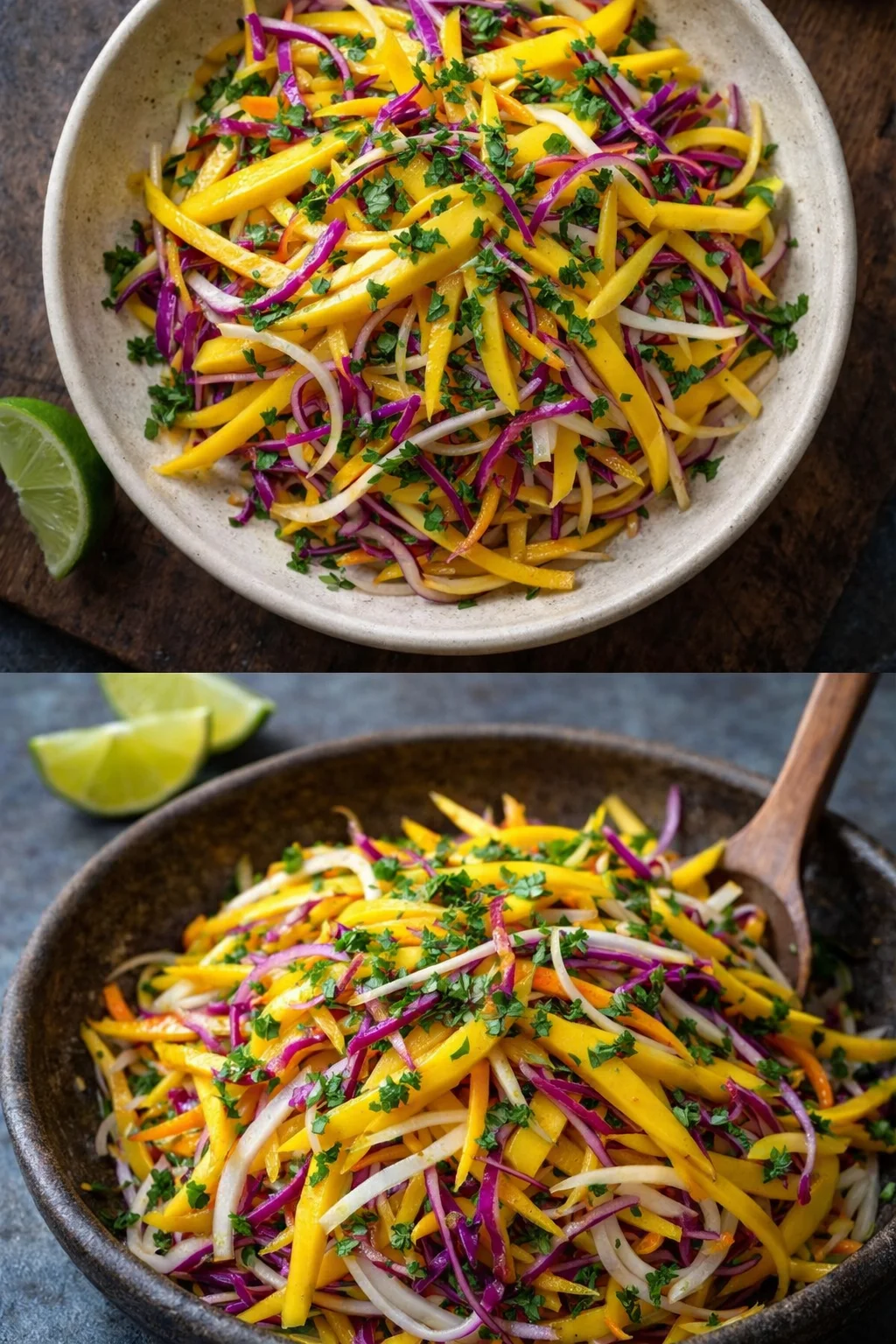Colorful bowl of mango slaw with fresh ingredients on a wooden table