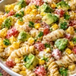 Colorful Mexican street corn pasta salad with fresh ingredients